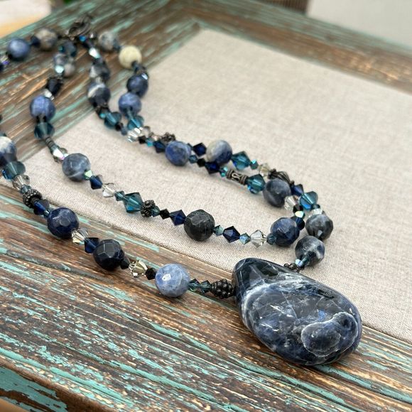 Sodalite Stone Pendant Crystal Beaded Double Strand Sterling Silver Necklace 11" - Picture 8 of 13